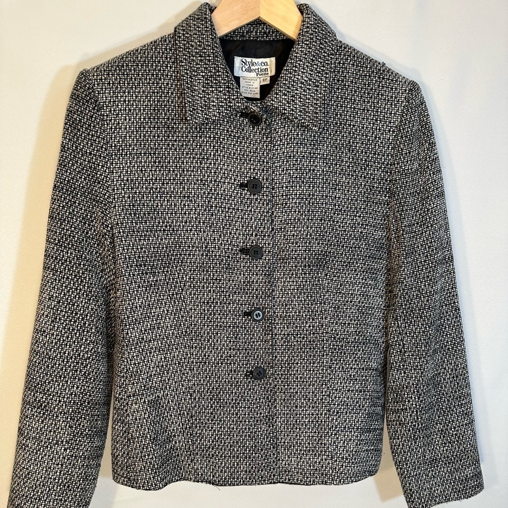 Style & Co Women’s Size 6P Black Cream Long Sleeve Tweed Jacket Blazer Workwear